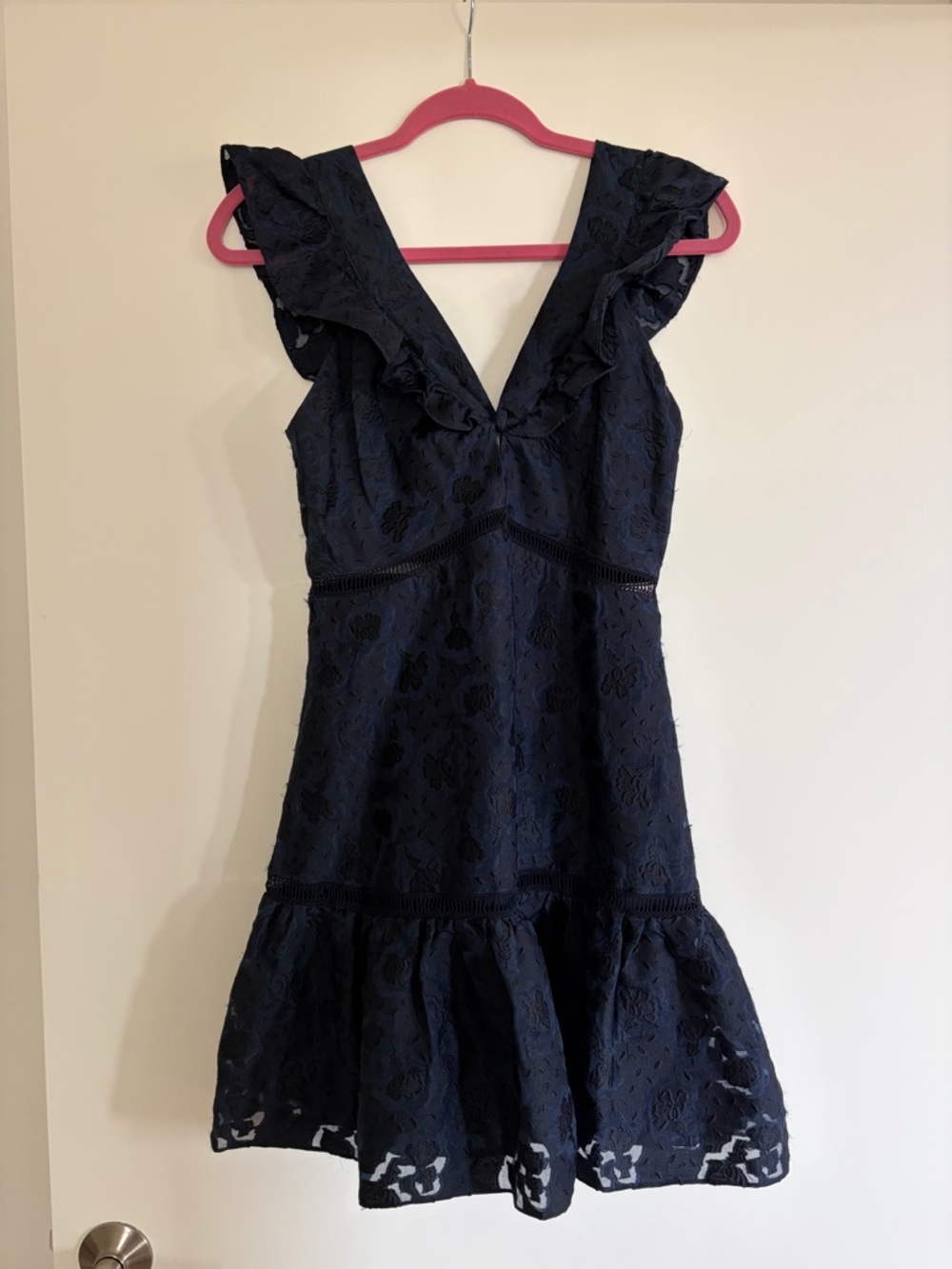 Rebecca Taylor Navy Floral Lace V-Neck Ruffle Dress